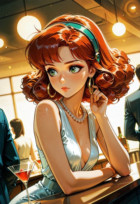 safe_pos, 1girl, curly ginger hair, green eyes, make up, mascara, mole, eyelashes, freckles, hoop earrings, adjusting earrings, pearl necklace, looking aside, white evening dress, upper body, small breasts, counter, martini \(drink\), solo focus, focused subject, dynamic angle, dappled light, depth of field, blurry background, bokeh,   masterpiece, best quality, good quality, very awa, very aesthetic, absurdres, newest, 8k, sci-fi, illustration, retro,
