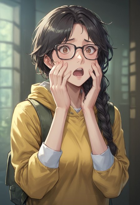 Score_9_up, score_8_up, score_7_up, score_6_up, source_anime, BREAK worried, wide eyes, open mouth, 1girl, valerieharmon, black hair, braid, hair over shoulder, glasses, brown eyes, hoodie, hood down, backpack, hands on face,