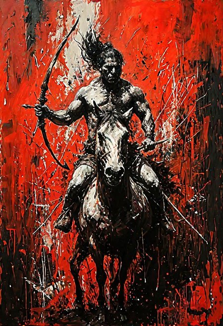(Impressionism: 1.5), (abstract acrylic painting), red and black and white shades, (large strokes: 1.3), painting on canvas, filled with movement, (action packed), (barbarian nomad) riding a horse, (arriving: 1.5), holding a bow in the hand, (looking forward), (from above: 1.3), dinamic position, (much splashes of blood and dirt: 1.3) from under the hooves, realism, modern art, abstraction, absurdity, acrylic painting on canvas, (silhouette in strokes: 1.6)