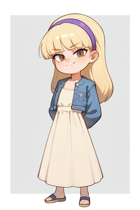 score_9,score_8_up,score_7_up,score_6_up,score_5_up,score_4_up,
1girl, solo, child, petite, small, very young, pacifica, brown eyes, blonde hair, purple headband, flat chest, dress, denim jacket, looking at viewer, smirk. hands behind back,
 <lora:pacifica:1>