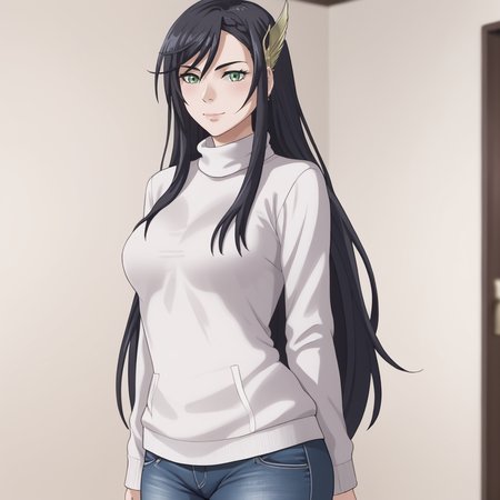<lora:brunhilderecordofragnarok_pony_v1:.8> Brunhilde, hair ornament, 1girl, solo, black hair,  green eyes, cowboy shot, sweater, jeans