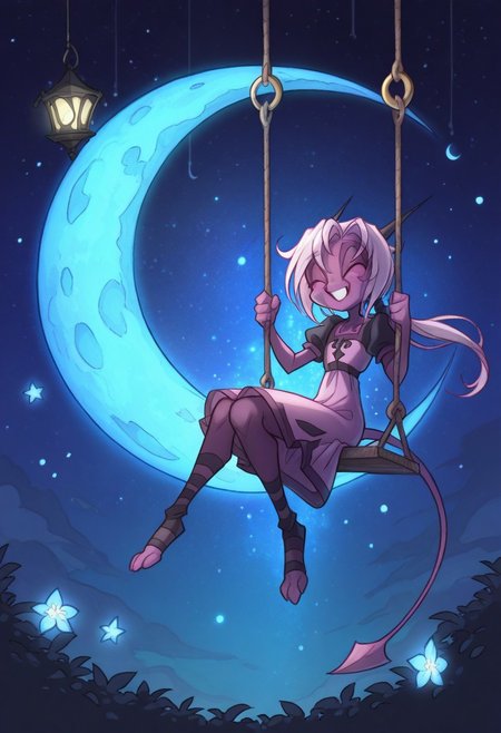 score_9, score_8_up, score_7_up,namah_calah,
1girl,solo,furry,tail, source_furry,horns,
 ,<lora:namah_calah_illustrious:0.8>,
child, kid,
in a pastel gothic dress sitting on a crescent moon swing, surrounded by glowing stars and floating lanterns in a dreamy night sky, crescent_moon, swing, stars, lanterns, smile, happy, cute, long_hair, night_sky, fantasy, magical, pastel_colors, glowing