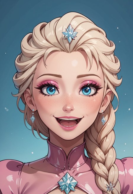score_9, score_8_up, score_7_up,,
Elsa from Frozen, makeup, platinum blonde, light blue eyes, medium puffy, light blue eyes, long eyelashes, blushing, ginger hair stylish hair cut,
wearing pink princess gown, latex,
colored blank background, 
centered view, rim lighting, smile, open mouth, posing, 
(m31d0n0:1.2)