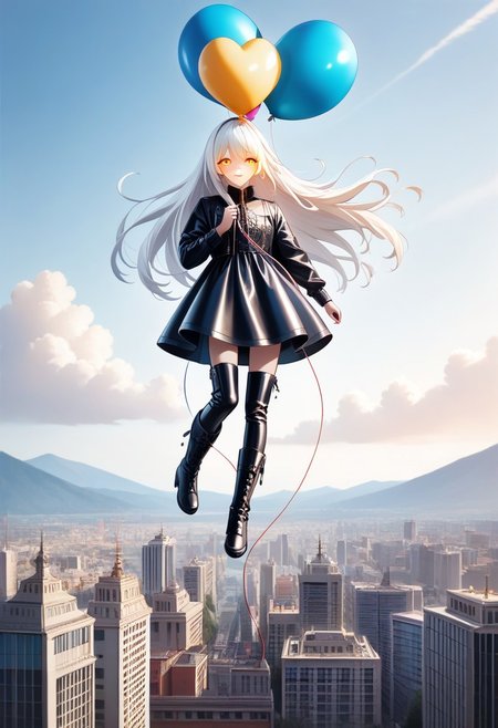 (masterpiece), (score_9, score_8_up, score_7_up,source_anime), best quality, ultra-detailed,24K, illustration, (Uncorrected), CG, 
Latex, girl, 
Multiple balloons, huge balloon, heart-shaped ballon. 
(Girl holding string of balloons, floating, white hair, ultra-long hair, glowing eyes, amber eyes, ultra-detailed eyes:1.2), Chevalier dress, jacket, puntyhose, leather boots, 
in Rooftop of Skyscraper, modern city, Skyscraper,