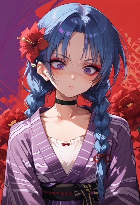 anime artwork, score_9, score_8_up, score_7_up, score_6_up, score_5_up, 1girl, LP_jinx, blue hair, twin braids, long hair, bright purple eyes, confused face, blush, small breasts, flat chest, ((simple black choker, purple yukata, red flower pattern on yukata)), portrait, small collarbone, simple background, abstract background, makeup, emotional, shaded_eyes