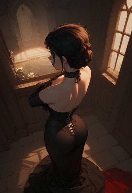 score_9, score_8_up, score_7_up, score_6_up, from above, rear view, 1girl, 20yo, beautiful asian vampire, very long black hair, pale white skin, black corset, sexy long black long dress, black dress, black choker, medium natural breasts, undressing, standing, looking away, nice ass, inside a dark castle, dark theme, dim lighting, sexy, high contrast, industrial,