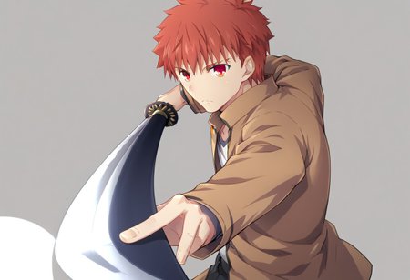 score_9, score_8_up, score_7_up, source_anime,  shirouemiya, 1boy, male focus, homurahara academy school uniform, solo, school uniform, yellow eyes, red hair, jacket, long sleeves, brown jacket, shirt, short hair,
<lora:gatotsu-stance-ponyxl-lora-nochekaiser:1>, gatotsu stance, weapon, sword, katana, holding weapon, holding, holding sword, foreshortening,