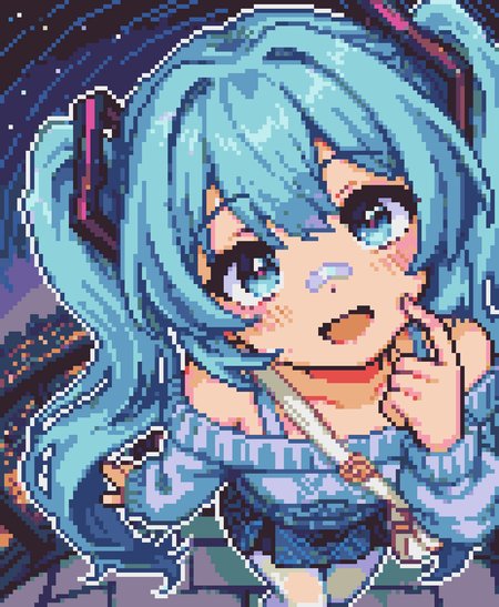 1girl, solo, hatsune miku, aqua hair, long hair, bangs, hair ornament, bandaid on nose, blue sweater, off-shoulder sweater, long sleeves, white shoulder bag, blue skirt, plaid skirt, white pantyhose, tenshi kaiwai, 
blush, open mouth, star trail reflection in eyes, excited, head tilt, looking at sky, looking up, finger to cheek, head tilt,
fisheye, close-up, face focus, solo focus, 
shooting stars, purple gradient background, night sky, moonlight, outdoors, cityscape, pavement,
rating safe, omufujoshi, white outline, 
masterpiece, best quality, amazing quality, newest, <lora:omufujoshi:1.0> <lora:midnight_girls_r_-_pixel_art_style:1.0>