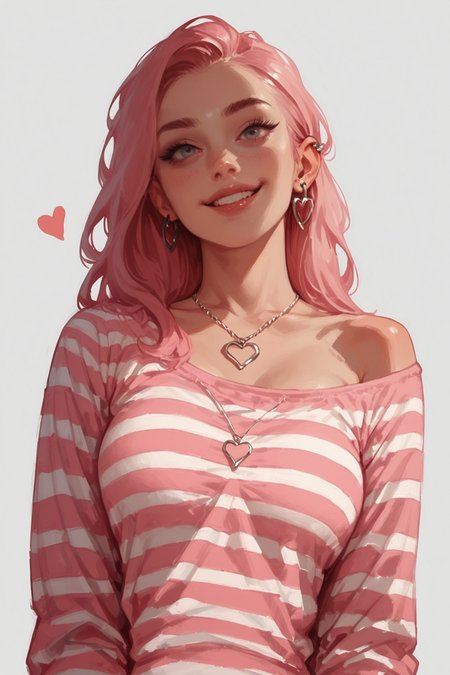 pink hair,  striped clothes, earclip, earrings, long hair,  pink striped shirt, simple background, expressionless, striped sleeves, shirt,, necklace, collarbone, ear piercing,  grey eyes, off shoulder, long sleeves,  grey background, 1girl, breasts, solo, heart, looking at viewer, cowboy shot, smile,, from below, standing pink shirt, bedroom, medium breasts, zPDXL3, detailxl,  Score_PnyReal, (lineless:1.5), <lora:S1_Dramatic_Lighting_v2:0.15> s1_dram <lora:sinfully_stylish_SDKL:0.2>