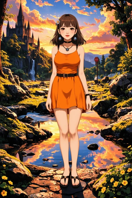 straight hair ash brown hair young woman, druid, anime, illustration, extremely detailed, portrait, standing, happy smile, flower in hair, glossy lipstick, celtic necklace, sphere earrings, loincloth, sandals,  Bright Orange druid short dress, legs, heels, sharp focus, fantasy, sunset, celtic landscape, small rock, moss, ripples, reflections, celtic  castle, small river pond, druid forest, druid village, stunning nature environment, enchanted land, clovers, Bright Road Sign Yellow flowers, best quality, colorful, wet floor, bright sky, raytracing, hdr, high contrast, ethereal natural lights, backlight, lens flare, shadows, vibrant colors, colorful, pretty, beautiful, happy, smiling, feminine, sexy, lovely, in love, adorable, fashion,  <lora:Hand v2:1> <lora:Anti-Blur:1><lora:Insane Detail Slider:0.5>  <lora:flux.1_lora_flyway_Epic-detail_v2:0.3><lora:fluxenhancer:0.5> <lora:RetroAnimeFluxV1:0.4> <lora:Luminous_Shadowscape:0.4>