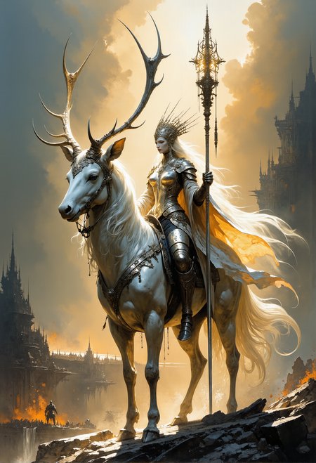 An awe-inspiring and ethereal battle scene at the golden hour of twilight. At the heart of the chaos stands a divine figure, a godlike warrior mounted upon a majestic white stag of otherworldly beauty. The stagâs pristine fur glows softly, seemingly untouched by the grime and chaos of the battlefield, while its massive, intricately branched antlers shine with an almost celestial light. The creatureâs piercing, intelligent eyes radiate calm power, and its graceful yet commanding stance exudes divinity.  The rider is a godlike being, clad in radiant, silver armor adorned with intricate celestial patterns that shimmer faintly in the dim light. A flowing cape, white as the snow, billows dramatically behind them, and their face is obscured by a serene, luminous mask that suggests both wisdom and authority. In one hand, they hold an elegant, golden spear glowing with faint runes, while the other rests gently on the stagâs neck, symbolizing their divine connection.  The battlefield stretches out below, where mortals clash in a chaotic frenzy. The enemies closest to the stag falter in awe and fear, their weapons lowered as they gaze upon the godly figure. In the background, the hazy silhouette of the distant battle is engulfed in a surreal mixture of smoke, fire, and fading sunlight, as if the very heavens themselves are watching the conflict unfold.  The interplay of light and shadow is dramatic and divine, with rays of soft, golden light breaking through the smoky sky, highlighting the divine stag and its rider. The stagâs glowing form creates an otherworldly contrast against the dark, blood-soaked battlefield, amplifying the surreal and majestic quality of the scene. The composition evokes a sense of awe, reverence, and an overwhelming realization of the supernatural amidst the mortal chaos. <lora:- Flux1 - vanta_black_V1.0.safetensors:0.3>,  <lora:artisketchyfs-v02.safetensors:0.75>, <lora:Elden_Ring_-_Yoshitaka_Amano.safetensors:1.0>,   <lora:Ethereal Grace - s1 g4.safetensors:0.25>,
