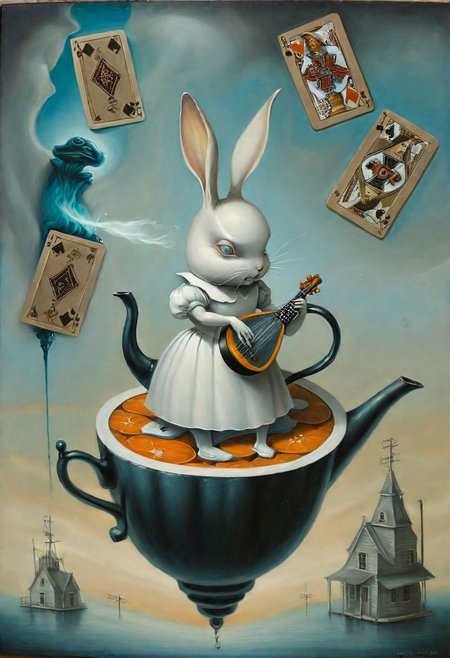 Neo Surrealism ,Alice in Wonderland scene white rabbit, teapot, cards, Into The Well by Greg Craola Simkins, existential residues dark shines surrealism, blue, gray and orange color scheme, a painting of a woman playing a lute ,fantasy Victorian art, magical realism bizarre art, pop surrealism, whimsical art.