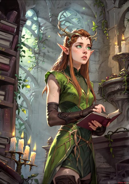score_9,score_8_up, score_8, 
library, vines, candles, ruins, bookshelves, sunlight, light particles, 
1girl, solo, cowboy shot, portrait, keyleth, elf, druid, long hair, brown hair, green eyes, pointy ears, elf, antlers, freckles, thighhighs, gloves, boots, fingerless gloves, thigh boots, brown footwear, green dress, parted lips, looking away,
 <lora:Expressive_H:0.5>  <lora:Dungeons_and_Dragons_Art_Style:1> <lora:keyleth-ponyxl-lora-nochekaiser:1>