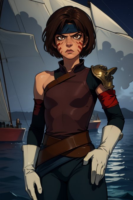 Smellerbee,short brown hair, red facial mark, brown eyes, eyeliner, mean look, closed mouth,  toned,  cowboy shot,   looking at viewer, 
SmelAtt,dark blue headband,(white gloves),leather chest plate, single shoulder pad, red armband, pants, ,blue pelvic sash  
nighttime, near sea,
(insanely detailed, beautiful detailed face, masterpiece, best quality)  <lora:Smellerbee-10 v3:0.8>,