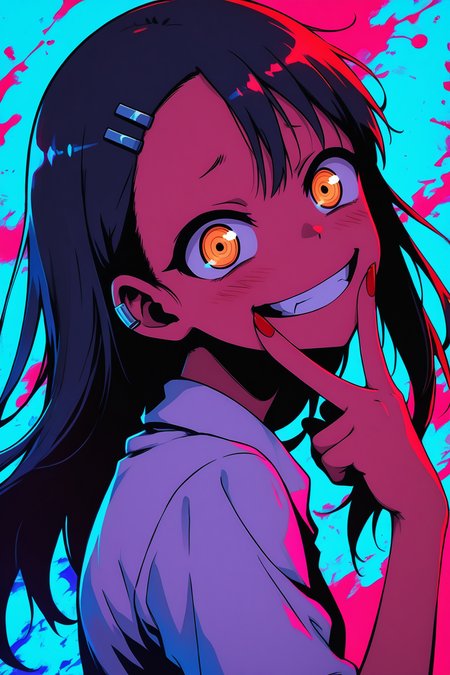 masterpiece, best quality, amazing quality, very aesthetic, absurdres, newest,  portrait, colorful, high contrast, glowing, vibrant colors, red, pink, blue, color splash, neon, backlight, looking at viewer, red nails, long pointed nails, fingersmile,  from side,  wind effect, floating hair, head tilt, <lora:g0thicILL:0.7> g0thic, neon, <lora:NagatoroIXL_v2:0.5> zzNagatoro,  white shirt, hairclip, earclip, <lora:NLSTN-IL:0.8> nlstn