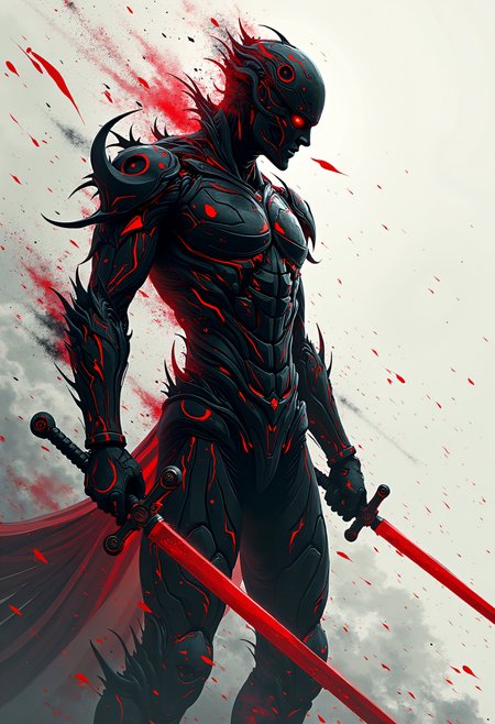 high quality, highly detailed, colorful, abstract, fantasy, fantasy background, The image is a digital illustration of a futuristic warrior in a battle scene. The warrior is in the center of the image, facing towards the right side of the frame. He is wearing a black suit with red accents, and his body is covered in intricate patterns and designs. The suit appears to be made up of multiple layers of black and red lines and shapes, creating a chaotic and dynamic composition.  The warrior is holding a red sword in his right hand, with his left arm extended forward and his right arm bent at the elbow. The sword is pointed towards the left side of his body. The background is filled with a mix of abstract shapes and lines, with a hint of white and gray. The overall mood of the illustration is intense and intense, conveying a sense of power and strength., camera angle is eye-level shot, backlight<lora:FLUX\Enhancer\Dever_Flux_Enhancer.safetensors:0.8:0.8> <lora:FLUX\Style\ARob-FLUX-3-CivitAI.safetensors:0.8:0.8>