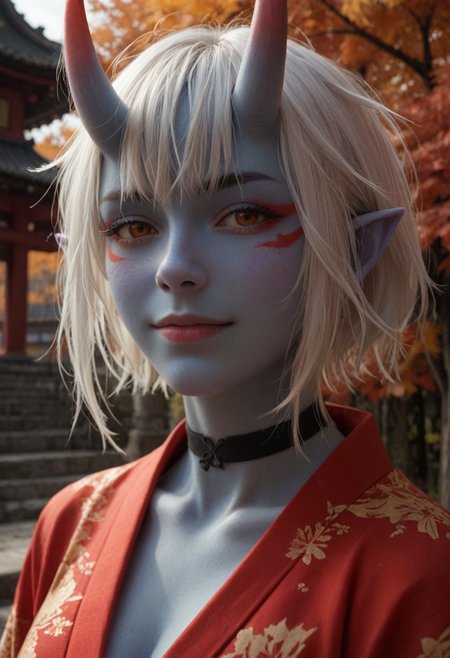 score_9, score_8_up, score_7_up, score_6_up, 
1girl, 25 years old, perfect face, (adult), sexy, 
red eyes, close view, 
white hair, short hair, messy hair, crossed bangs, hair between eye, pointy ears, black choker, 
(blue skin:1.3), (oni:1.3), (blue oni), facial tattoo, 
kimono, tattoos, Japanese architecture, temple, autumn,
blush, shy smile, 
portrait, face focus, detailed face,