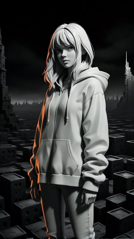 <lora:3DPrintingXL:1>,whitemold,3d printed mold,art style,greyscale,monochrome, Alice (Alice in Borderland), 1girl, solo, hair, hoodie and jeans, serious expression, standing in a cityscape, dark lighting with neon accents, dramatic tones.