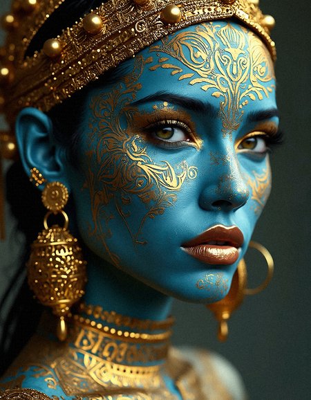 Visualize a photorealistic portrait of a woman with a deep blue complexion, adorned with golden tribal patterns that wrap around her face, neck, and shoulders. These patterns are meticulously detailed, with swirls, dots, and lines that accentuate her features and evoke a sense of ancient ceremonial art. Her lips are a rich metallic color that complements the golden motifs on her skin. She wears an opulent headdress with small golden ornaments that dangle around her face, and her large gold hoop earrings add balance to her ensemble. Her eyes are highlighted with gold eye shadow, and her lashes are long and curled, enhancing her mystical appearance. The lighting is soft but focused, highlighting the golden textures and lending a photorealistic quality to the blue of her skin. This image captures a fusion of cultural heritage and futuristic style, creating a timeless, ethereal beauty.
