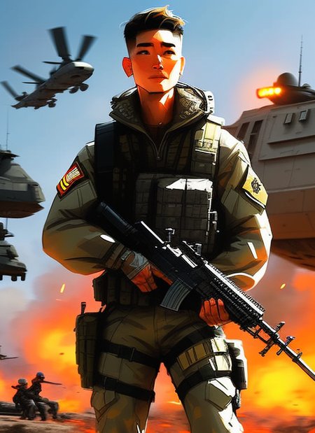 samdoesarts;  an image of man with military gear, cargo pants, (intricate), (detailed), digital art,  dynamic pose, in a battlefield