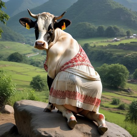 The image depicts  cow is posing on a rock, kneeling in such a way that the dress obscures her lower back,  .  <lora:ptgs:0.8>,farm,cow