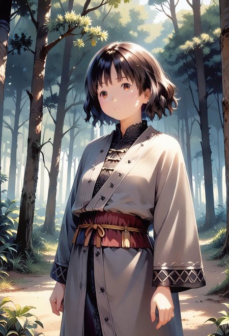 score_9, score_8_up, score_7_up, 1girl,TsubakiJP, (masterpiece), (best quality), (ultra detailed),(disheveled hair),(illustration), beautiful girl in gray robe standing in the dark forest, epic style, octane render, desert composition, beautiful face, hyperrealistic, oil on canvas, award-winning, masterpiece, trending on artstation, by Studio Ghibli