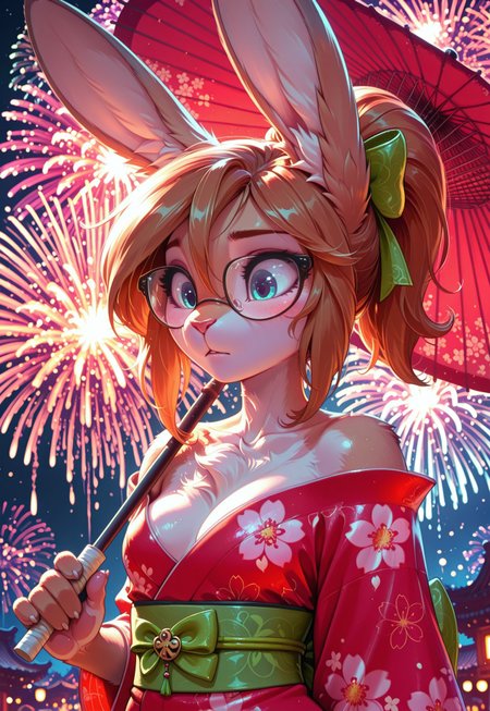 safe_pos, masterpiece, best quality, speed, solo, Maddy, 1girl, furry female, rabbit girl, rabbit ears, animal nose, long hair, brownhair, ponytail, hair bow, glasses, blue eyes, body fur, two-tone fur, grey fur, white fur, chest fur, freckless, small breasts, red kimono, fabulous yukata, shiny silk kimono, off-shoulder kimono, floral print, floral pattern, green wide belt, oil-paper umbrella, red umbrella, see-through silhouette, see-touch umbrella, looks down and to the left, shy, blush, action, dynamic, legend, whitewash, reflecting in glasses, fireworks reflected in glasses, see-touch umbrella background, fireworks festival, night, back light, rim lighting, high-definition, masterpiece, best-quality, 4k, 2k, aburdres, rdf01, toon \(style\).

