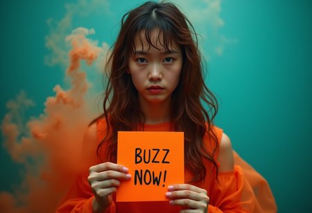 "minimal soft studio light photography of a east asian girl with a messy  wavy long hair and appears to be wet, red and dripping. dressed in a gown made of orange smoke, she looked at the camera with a angry look, her hand hold a note with text \"BUZZ NOW!\". A surreal, abstract portrait with swirling, ethereal teal and dark orange colors of smoke, creating a dreamlike and mystical atmosphere, high detail, solid bold color background"