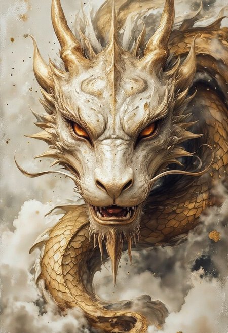 Dragon 
Futuristic and Vintage stylized 
magical, ,bright, , Magical beautiful background fantasy,  hyper-detailed hypermaximalist dynamic style 
Scales texture style, realism, detailed, 
Dramatic lighting
Cinematic 
Epic composition 
Magical background 
 ArsMJStyle, Zen Ink Wash Sumi-e
bo-golden
White background
, asian architecture