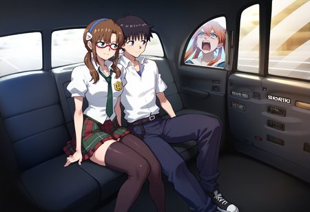 score_9, score_8_up, score_7_up, score_6_up, 1girl, 1boy, <lora:FakeTaxiMeme_XLPD:0.35> fake taxi, car interior, sitting, ground vehicle, BREAK <lora:Degen_Mari_v2:.7> mari-school, red-framed eyewear, white shirt, green necktie, plaid skirt, black thighhighs, BREAK 1boy <lora:eva_pony:0.8> ikari_shinji, white shirt, pants, shadows source_anime souryuu asuka langley, red hair, 
<lora:concept_aquascreaming_ponyXL:0.7> aquascreaming, screaming, open mouth, crying with eyes open, school uniform,  <lora:Degen_Mari_v2:1> <lora:eva_pony:0.8>