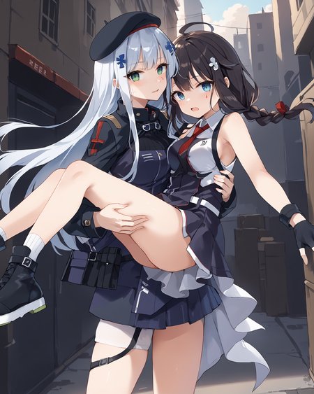 HDA_MasterpieceXLclassic, 2girls, bridal carry, rating_safe, yuri,
1girl,  <lora:hk416.pony:0.9> hk416, def, white long hair, uniform, beret carrying person,
1girl,  <lora:[PonyXL] Shigure Kai (ZESUMI):0.9> shigurekaisanKC, black hair, single braided low ponytail, hair ornament, ahoge, pleated skirt, black gloves, black thighhighs, fingerless gloves, black skirt, sleeveless shirt, single braid, red necktie, two-tone shirt, hair over shoulder, hair flaps, white belt, being carried,