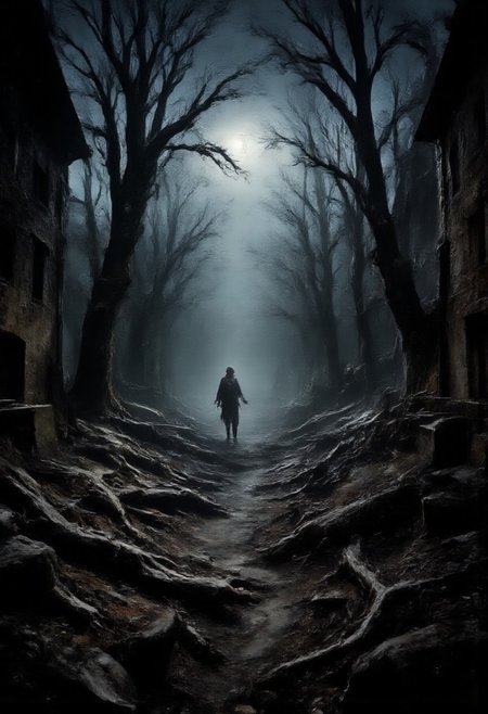 a haunted forest, cemetery, a ghost walking around, night, broken sticks and dry leaves everywhere, a mud house indistinct at far distance in background, smoke and fog, moonlight, DarkAtmosCE style, monster, nightmare, fear