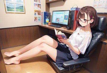score_9, score_8_up, score_7_up, rating_safe, masterpiece, best quality, absurdres, unity 8k wallpaper, official art, official style, source_anime, uncensored, game cg, megami magazine,
necafe, scenery, 1girl, glasses, solo, brown hair, sitting, reading, indoors, chair, drinking straw, book, cup, computer, braid, drink, barefoot, short hair, crossed legs, skirt, desk, monitor
<lora:NetCafe_PONY_V1:1>