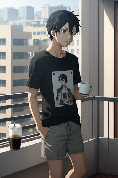 high resolution, solo, best quality, 1Boy, Kazuto Kirigaya, portraits, Black Hair, Black Eyes, home balcony, morning, cigarette, coffee, t-shirt, shorts, looking away, OverallDetail