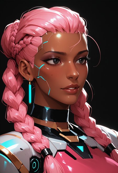 score_9, score_8_up, score_7_up, score_6_up, score_5_up, score_4_up,
<lora:CyberDollsV3.1:1> cyb3rd0lls, android, colorful skin, 
, 1girl, long hair, jewelry, pink hair, braid, choker, solo focus, dark skin, black eyes, twin braids, dark-skinned female, black choker, portrait, hair behind ear, very dark skin