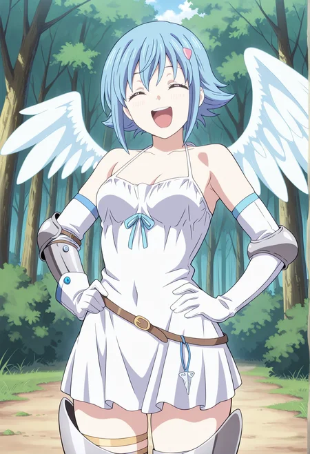1girl, solo, short hair, blue hair, hairpin, asymmetrical wings, angel wings, white dress, elbow gloves, armor, greaves, cowboy shot, outdoors, forest, hands on own hip, laughing, closed eyes  <lora:nanael_illus:1>, masterpiece, best quality, amazing quality, very aesthetic, absurdres, highres, newest