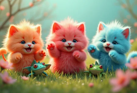 cartoon fluffy coral red blue kittens, green frogs, fluffy mouse, laughing and playing on fluffy green grass, pastel colors, hyper-realistic, hyper-detailed, professional photoshoot, colorful, ultra-sharp, vivid color