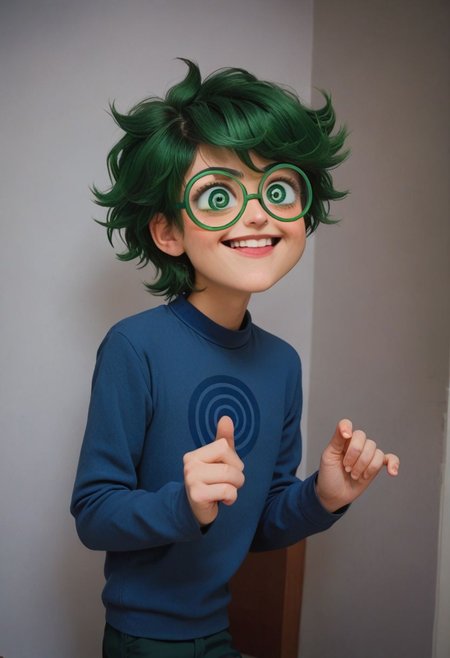 score_9, score_8_up, score_7_up, score_6_up, 
Photorealistic, real photo, void background, god rays, (young), adorable, ,realistic, cute perfect face, (happy, smug), blush, big round eyes, side portrait, dramatic light,
dramatic pose, dramatic angle, struggling, squirming, 13kartVaru,Varu, boy, green spiral glasses, green hair, 
blue sweater