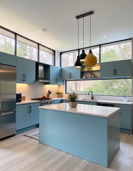 photo, architecture, interior design of a kitchen, kitchen island, stainless steel fridge and stove,  light blue modern cabinets, open concept shelfs, long rectangular windows overlooking a forest,  funky ceiling lights hang over the kitchen island ,
 <lora:iphone-dev-6:1> iphone photo
