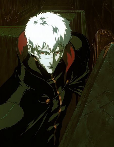 best quality, highres, absurdres, (traditional media, refined digital media \(artwork\):0.6),  masterpiece, anime screenshot, 1990s (style),
(artist: sabu \(sabudenego\):0.6),universal portrait, angle, dynamic, perspective, solo,
meier link \(vampire hunter d\), 1boy, red eyes, white hair, pale skin, vampire, scar, jewelry,  earrings, facial mark, short hair, dark theme, cinematic lighting, 
coffin, interior,
<lora:Vampire Hunter D Illustrious-step00000700:0.9>