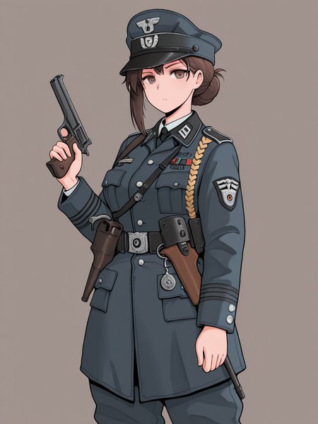 masterpiece, best quality, high quality, detailed,
raw, 1girl, solo, standing, looking at viewer,
brown hair,
uniform, military coat, visorcap, officer, pistol,
simple background,
wehr,
<lora:German_Soldiers_And_Officers__World_War_2:1>,