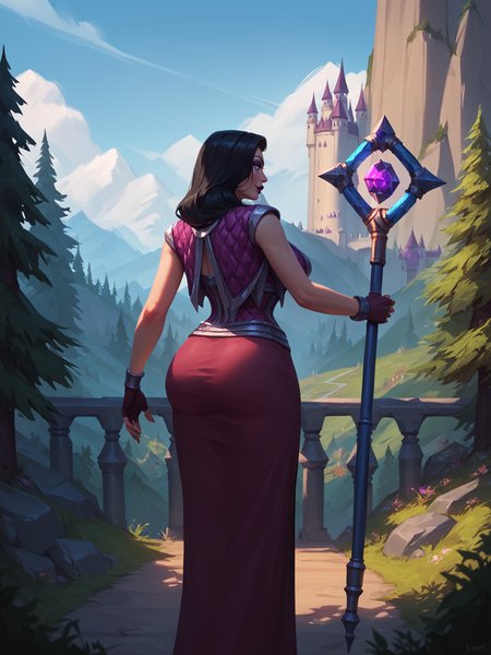 score_9, score_8_up, score_7_up, score_6_up, source_anime,
Onyxia is standing on top of castle, looking at another, facing away, holding staff,
1girl, mature female, (solo:1.1),
confident,
black hair, long hair, blue eyes, thick lips, makeup, lipstick, bracelet,
robe, crop top, fingerless gloves,
curvy, large breasts, thighs,
outdoors, mountains, forest, meadows, 
<lora:Onyxia3216PDXL:1>