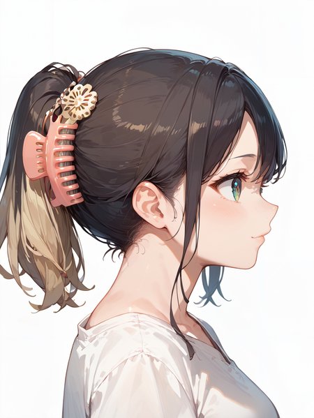 score_9, score_8_up, score_7_up,source_anime, high res image,masterpiece,best quality,(girl:1.0),cute face,clear skin,shiny hair,ultra detailed eyes,simple background  <lora:claw clips_pony_V1.0:1> claw clips,hair ornament,ponytail,from side