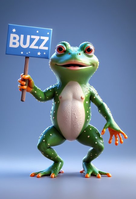 A 3D Pixar movie like Frog. Simple background. Holding sign that says "Need Buzz for Jump." Masterpiece, High quality, Ultra Details, Buzz2
