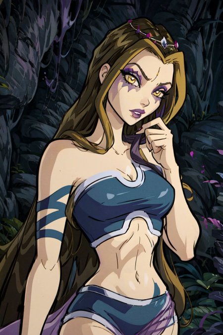 (Darcy), brown hair, yellow eyes, very long hair, purple background, purple magic, dark lighting, (realistic:1.2), (masterpiece:1.2), (full-body-shot:1),(Cowboy-shot:1.2), dark romantic lighting, (highly detailed:1.2),(detailed face:1.2), (gradients), colorful, detailed eyes, (natural lighting:1.2), solo <lora:add_detail:0.3> <lora:BeautifulEyes:0.6> <lora:WinxClubAmplifiedDarcy-10:0.9>