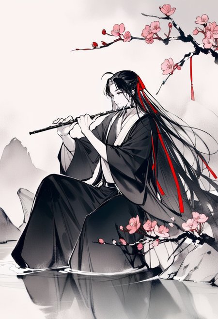masterpiece, best quality,<lora:inkXL_ANI31_lokr_V43P1:0.95>monochrome,  instrument, flute, music, 1boy, playing instrument, long hair, male focus, solo, black hair, holding instrument, chinese clothes, holding, flower, wide sleeves, robe, long sleeves, hanfu, red ribbon, pink flower, ribbon, water, black robe, sitting, branch, white background, hair ribbon, parted bangs, full body, ahoge