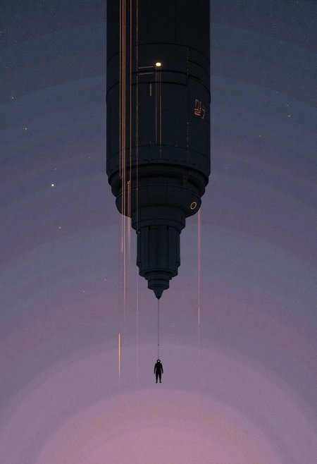 A minimalist sci-fi wallpaper depicting a towering, monolithic structure floating vertically in empty space-its surface matte black with thin, glowing seams of soft amber light forming unreadable symbols or circuitry. Below it, a tiny silhouetted figure in a spacesuit drifts upward, connected by a thin tether that vanishes into shadow. The background is a gradient void fading from deep midnight blue to soft lavender, scattered with sparse, oversized stars that subtly pulse. No terrain, no clutter-just vast vertical emptiness and mysterious quiet. The scene evokes awe, insignificance, and quiet reverence, using clean lines, negative space, and a precise glow to convey futuristic mystery.