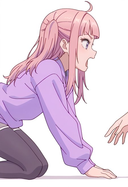 Smooth Quality,masterpiece,beautiful aesthetic, very intricate, high quality details, ultra realistic, high detailed skin,
simple background, white background, 
screaming,from side,kneeling, one hand on ground, reaching forward, focused, tense,  ,
leggings, ,pullover,
 <lora:Fuyuki_Momokocnn:0.8> momoko/cnn, pink hair, 1girl, ahoge, purple eyes,petite,