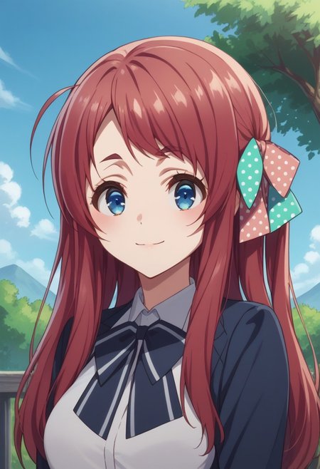 score_9, score_8_up, score_7_up, source_anime, highly detailed, 
sakuraminamoto, 1girl, solo, polka dot, blue eyes, bow, polka dot bow, long hair, red hair, upper body,
hair bow, school uniform, long sleeves, polka dot ribbon, standing, ahoge,
 looking at viewer, bowtie, 
smile, outdoor, sky, tree