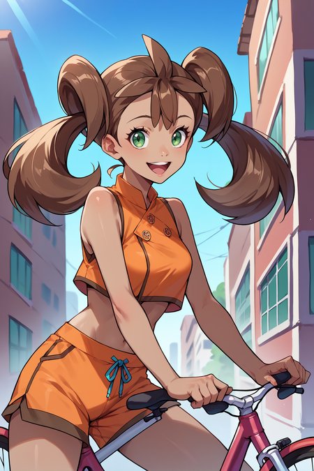 score_9, score_8_up, score_7_up, score_6_up, source_anime, 1girl, solo, <lora:pkmnshauna-pdxl-nvwls-v1-000005:1>  defSana, dark-skinned female, twintails, brown hair, long hair, green eyes, orange crop top, midriff, sleeveless, orange shorts, bicycle, medium breasts, happy, looking at you, city, blue sky